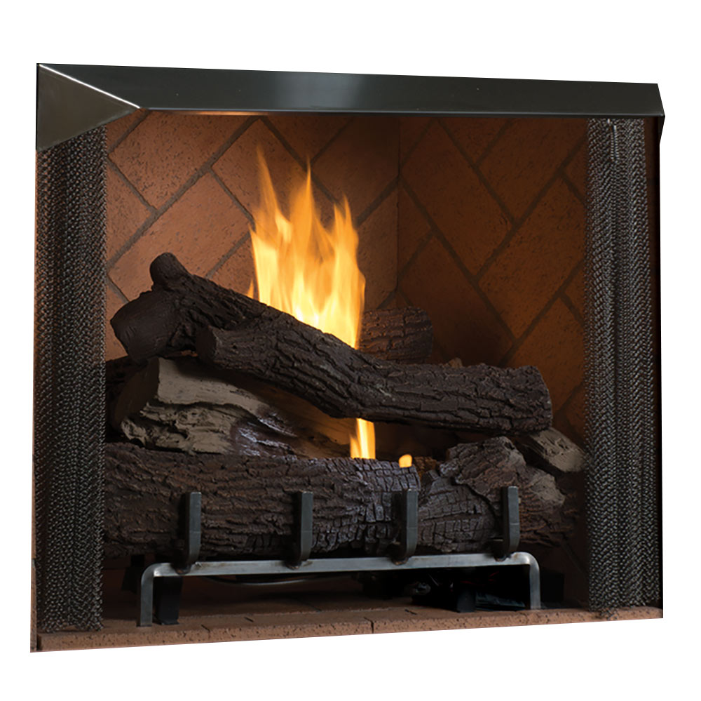 Vent-free gas firebox with burning logs, mosaic brick back panel, and black frame