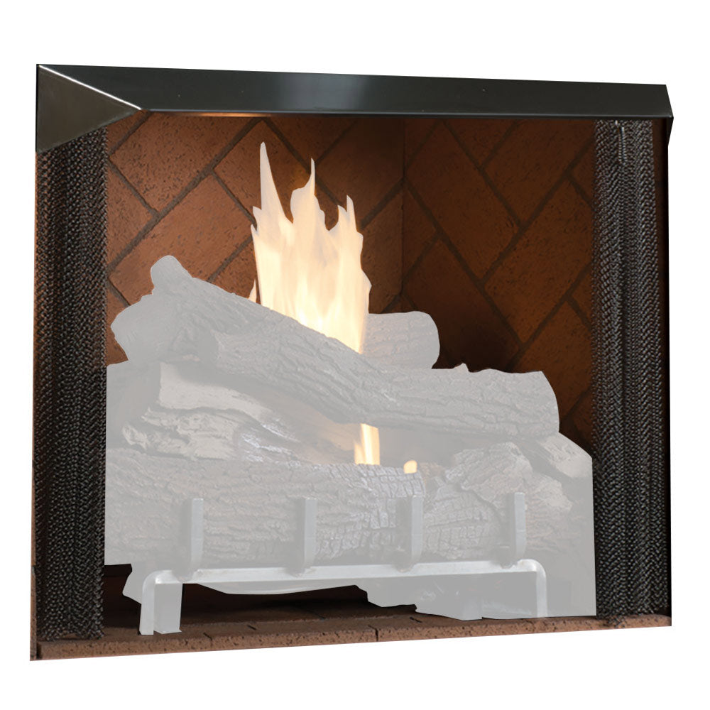 Vent-free gas firebox with mosaic masonry brick surround and burning log set
