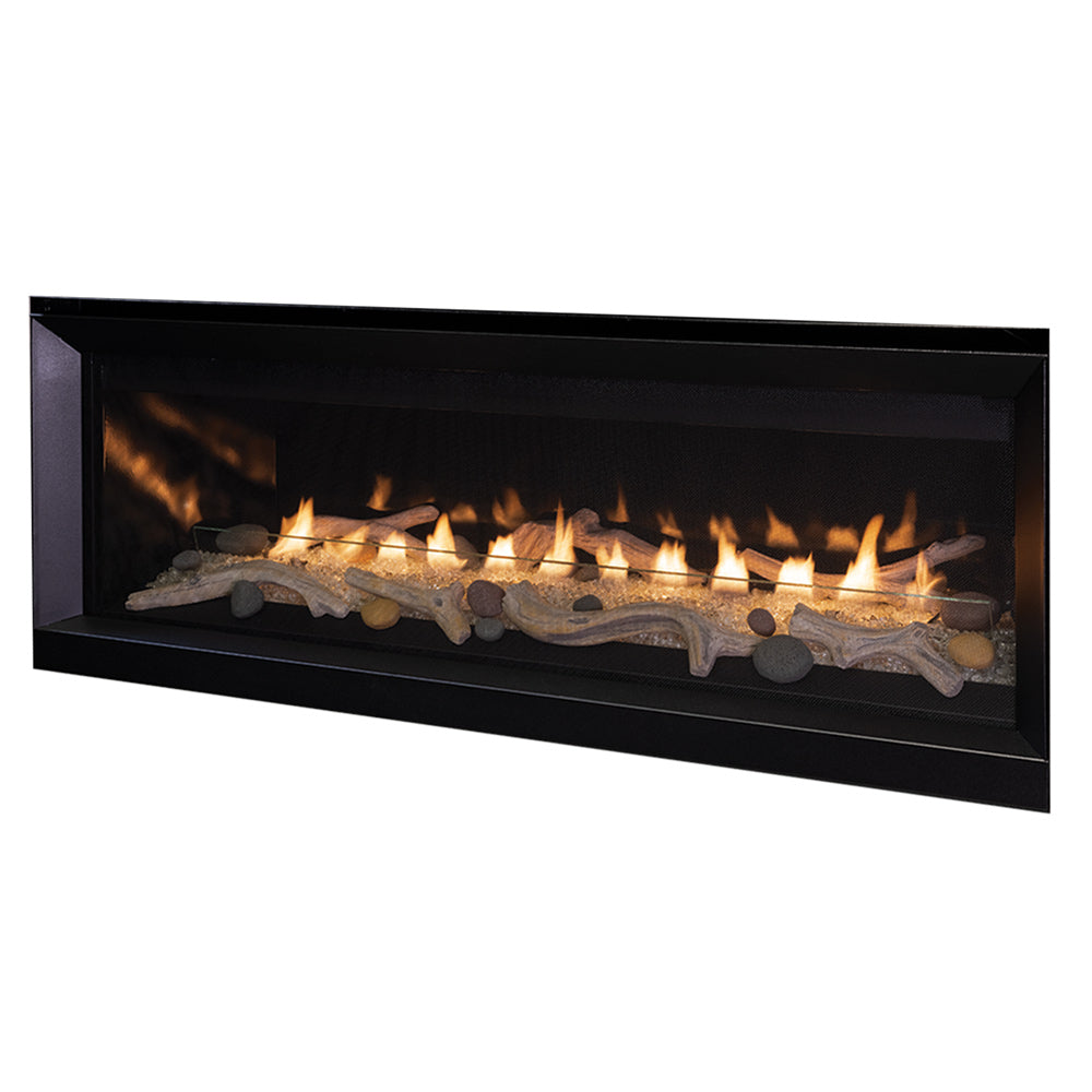 Vent-free gas fireplace with black frame, flames, and crushed glass media