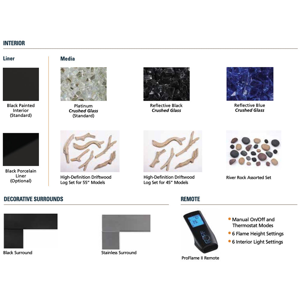 Fireplace interior media and remote options diagram with reflective crushed glass