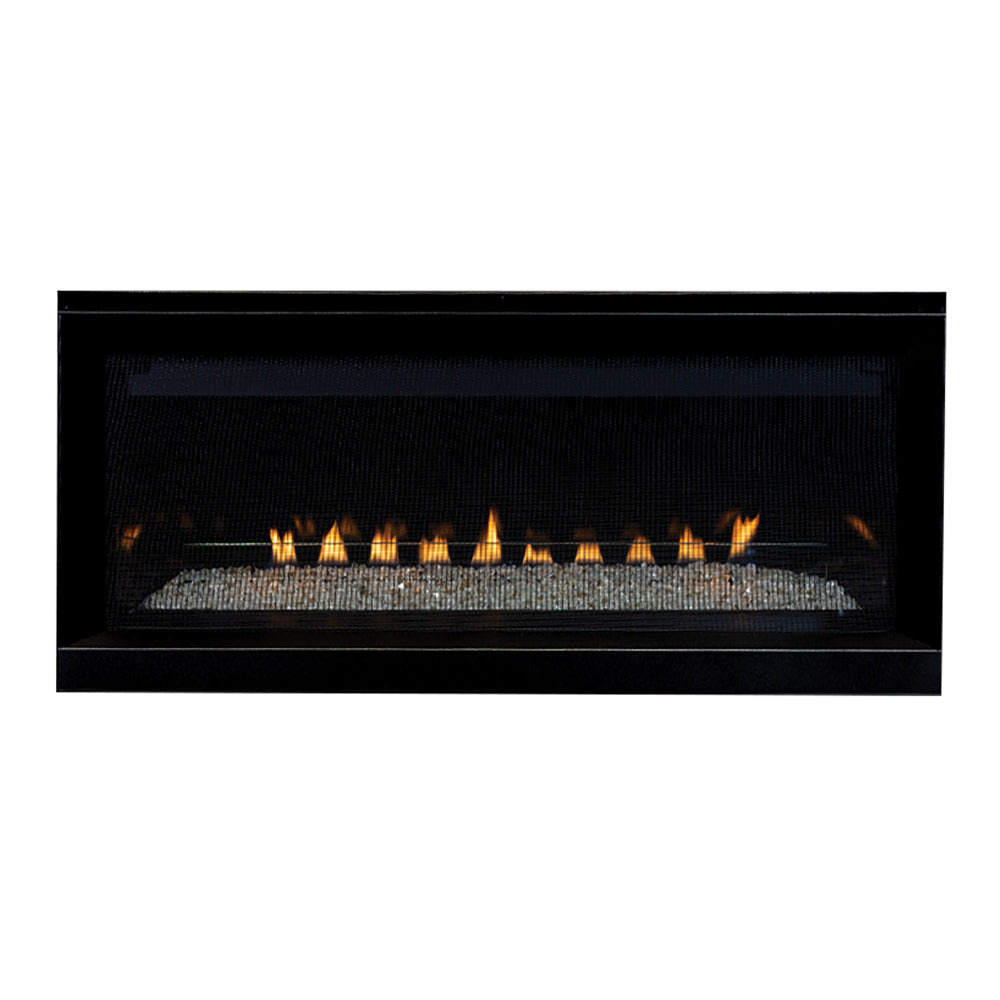 Vent-free gas fireplace insert with lit flames over reflective crushed glass media