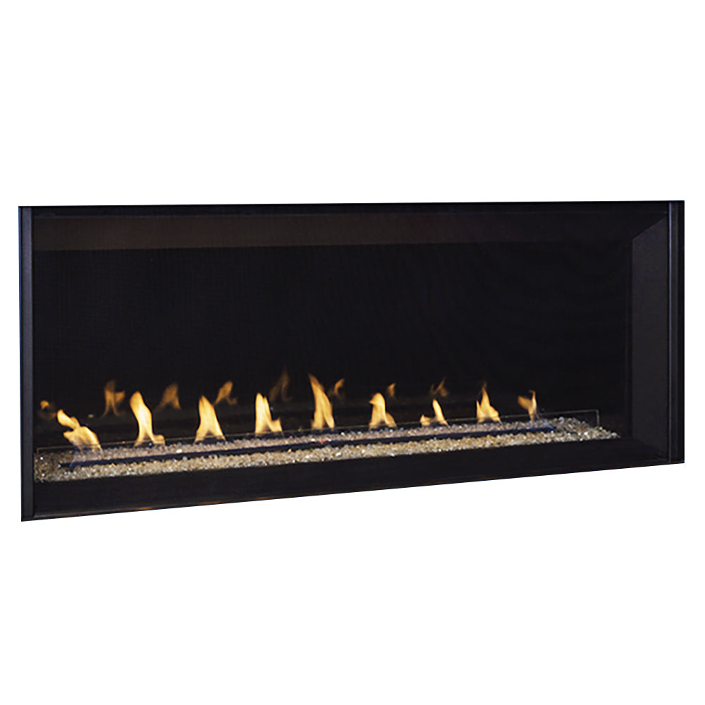 Vent-free linear gas fireplace with glowing flames and black front frame