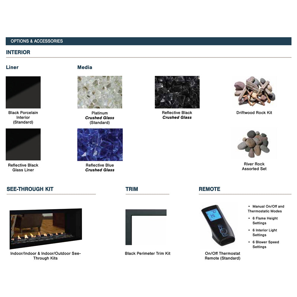 Remote control and accessory options diagram for a see-through gas fireplace