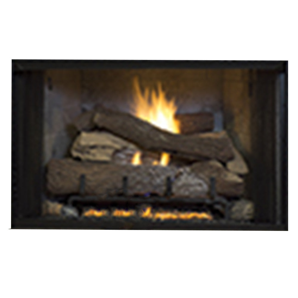 Vent-free gas log set with burning flame and stacked faux logs in black firebox