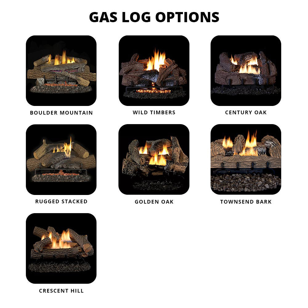 Gas log options chart with thumbnail log styles and flames