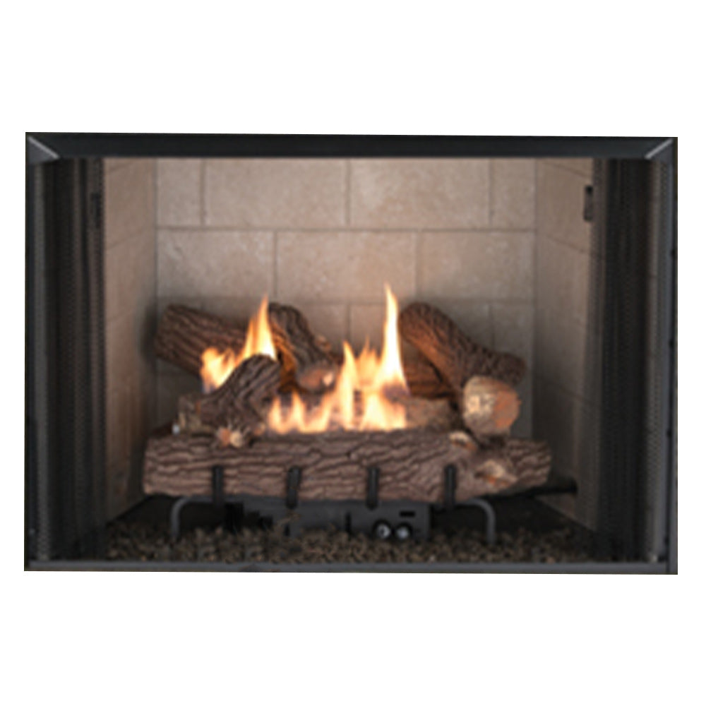 Vent-free gas log set inside dark metal firebox, burning flames and log pieces