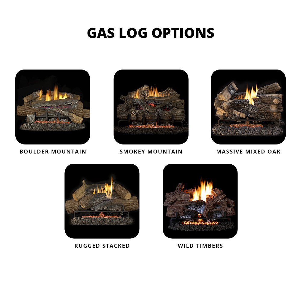 Vent-free gas log set style options, six illustrated log arrangements with flames