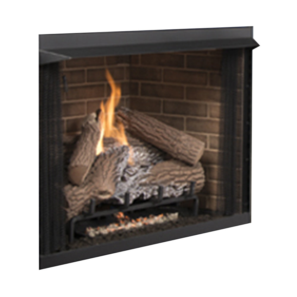 Vent-free gas log firebox with burning logs behind glass screen