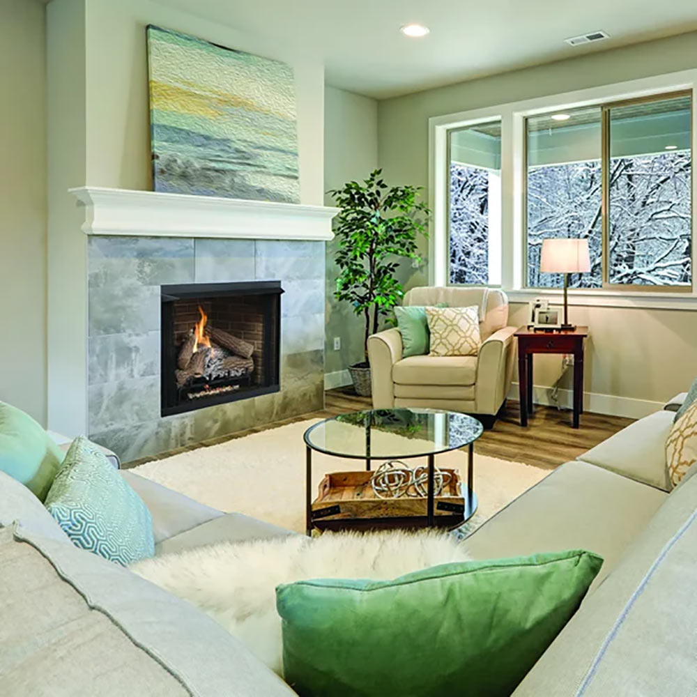 Vent-free gas log firebox set into a fireplace with visible flame logs