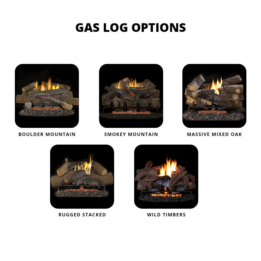 Gas log set options showing five different log arrangement styles in small frames