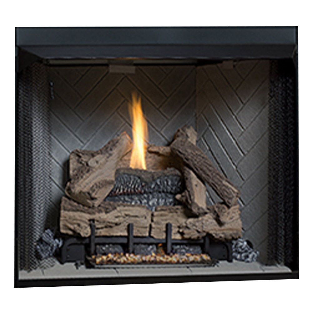 36-inch vent-free gas log firebox with glowing logs and black metal grate