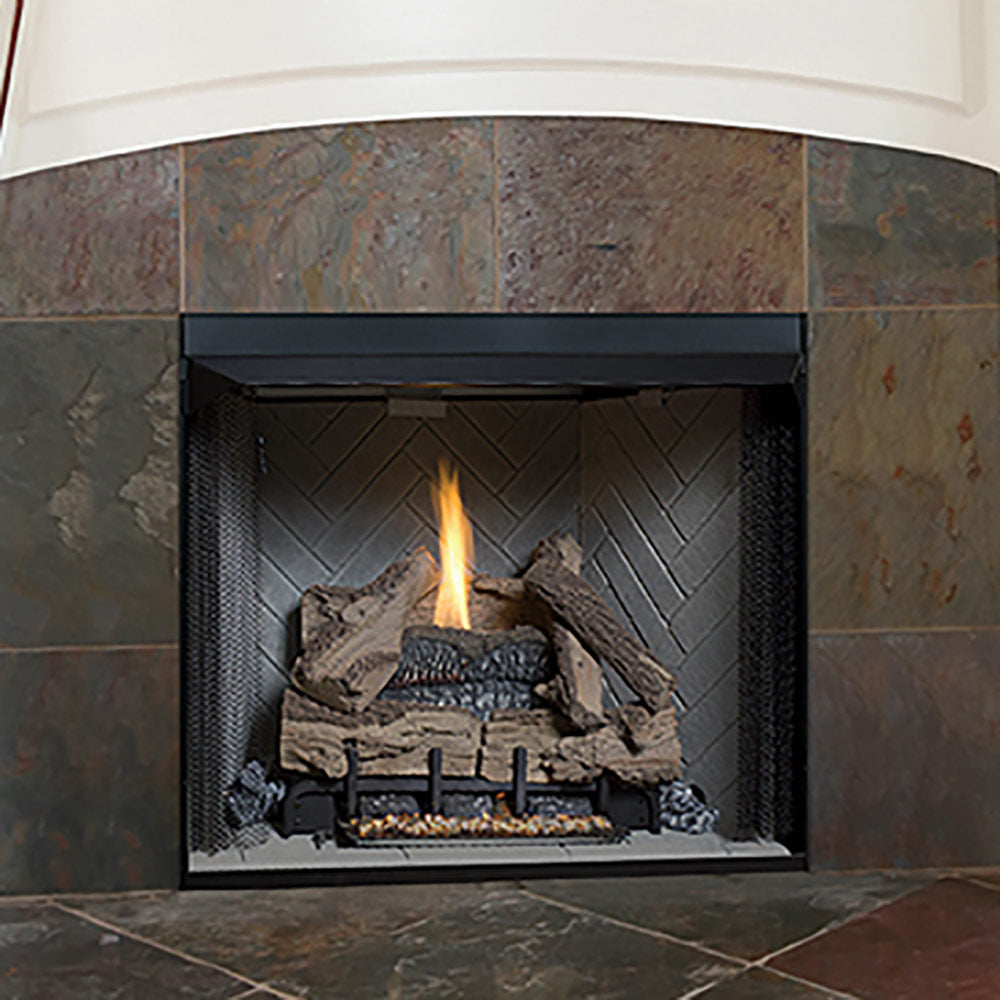 Vent-free gas log firebox with glowing logs and black mesh side panels