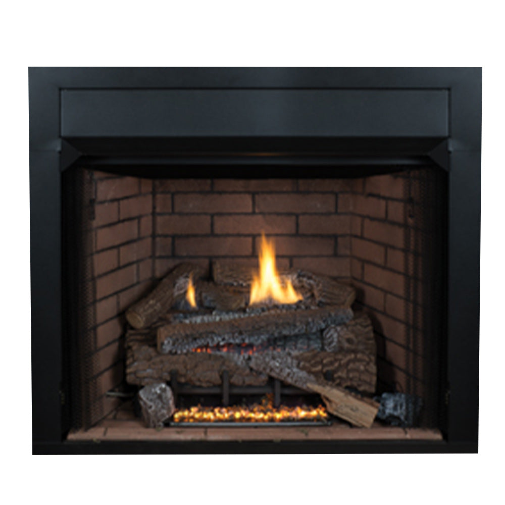 Vent-free gas fireplace with black surround, brick back, concrete log set, visible flames