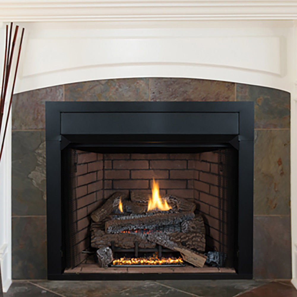 36-inch vent-free gas fireplace in black surround with brick interior and concrete logs