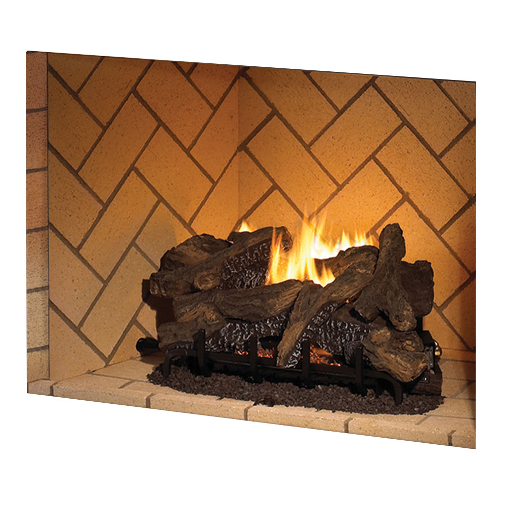Mosaic masonry firebox with vent-free gas logs and flames burning inside