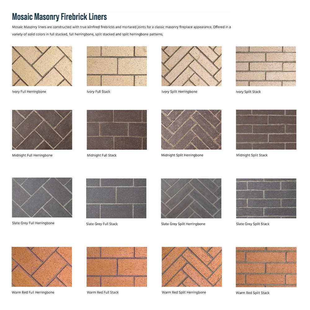 Mosaic masonry firebrick liner pattern swatches in multiple colors and layouts