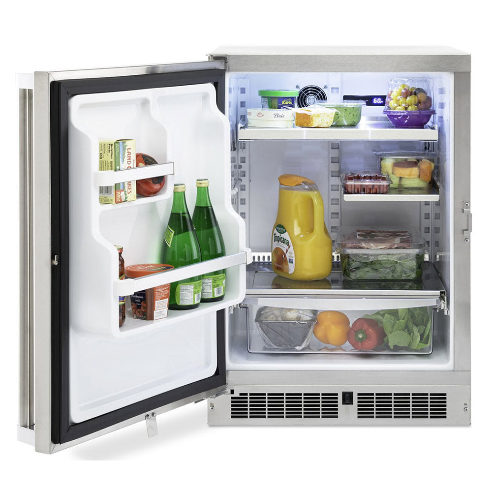Undercounter refrigerator with stocked shelves and drawers, open front door