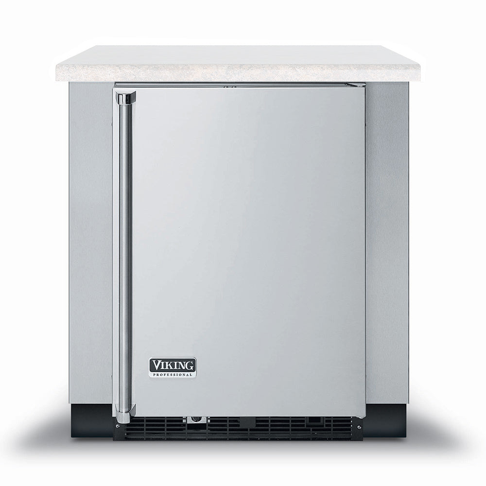 Undercounter refrigerator with stainless steel door and exterior, front base vent grille.