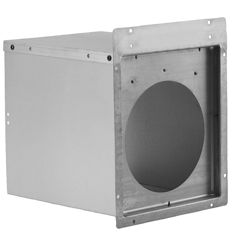 Metal vent sleeve box with rectangular flange and round duct opening, silver-gray