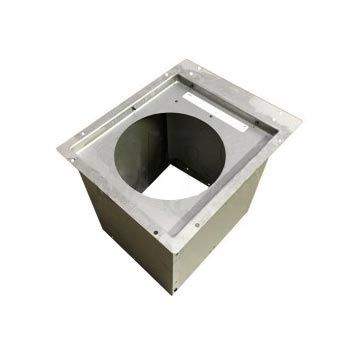 Metal vent firestop sleeve with square flange and circular opening, gray finish