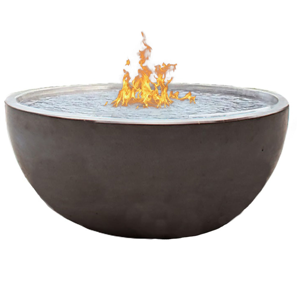 Round dark grey GFRC fire bowl with flames and water basin