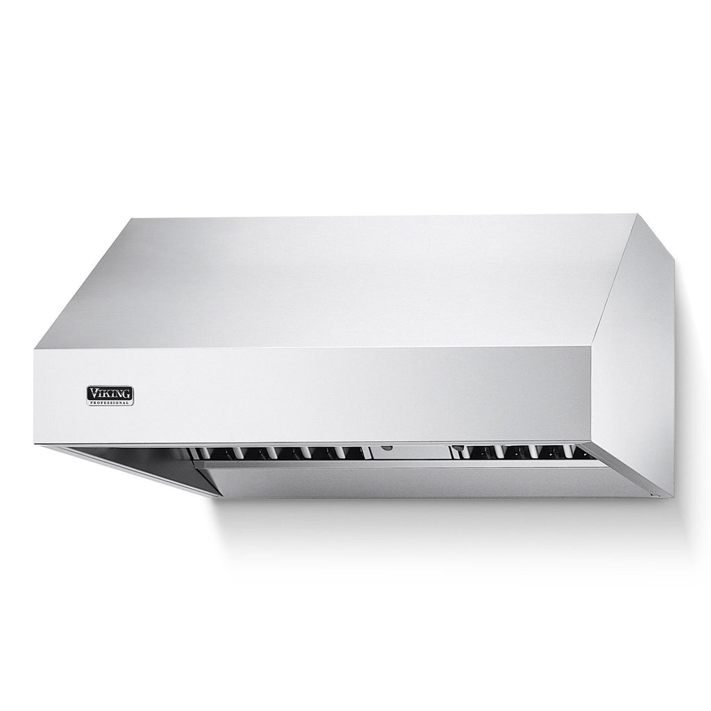 Stainless steel ventilation hood with front vent filters and sloped canopy, front view