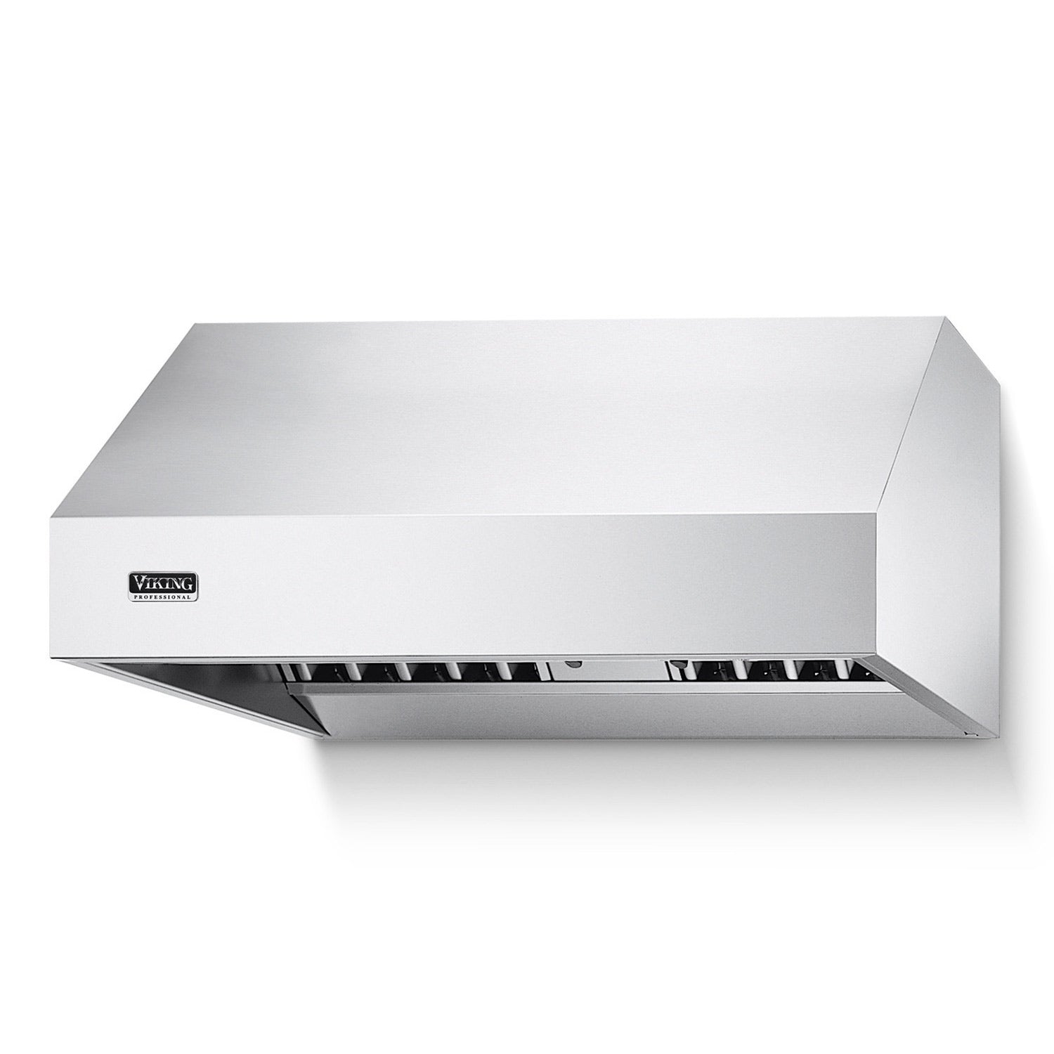 Stainless steel ventilation hood with front vent filters and sloped canopy, front view