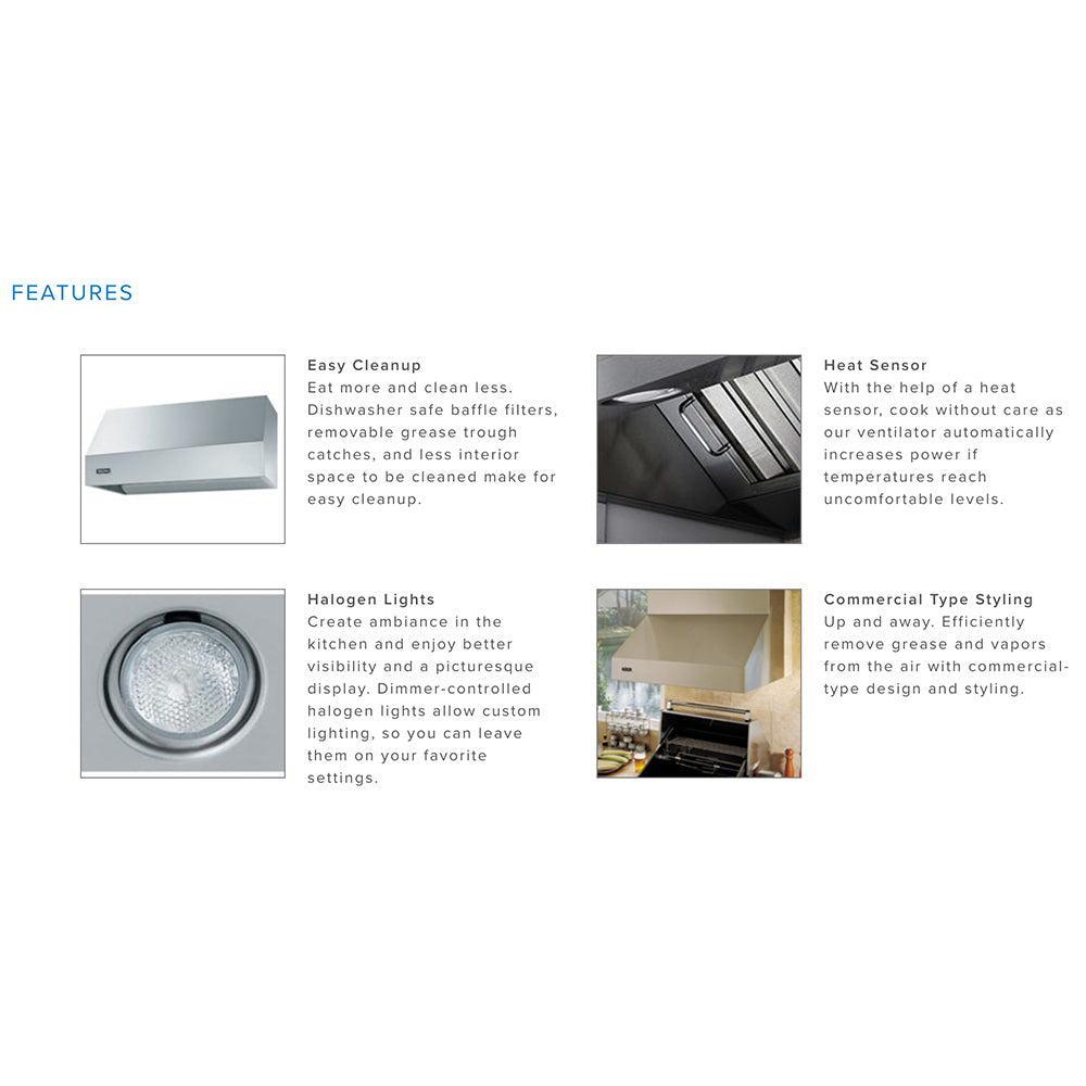 Stainless steel ventilation hood features panel showing light and sensor views