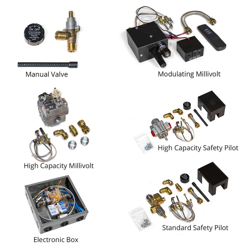Vented gas log control components, including valves, electronic modules, and pilot parts