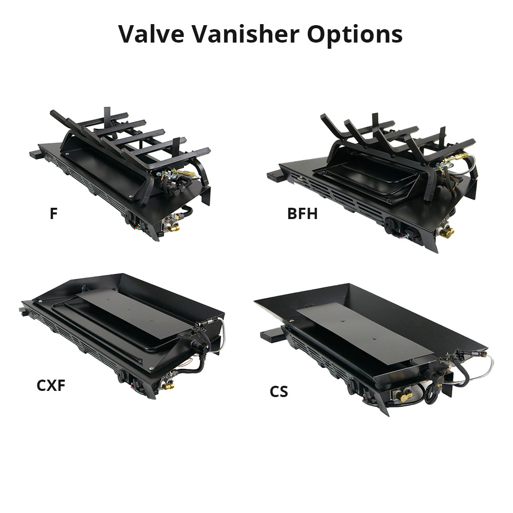 Fireplace valve vanisher options with four black burner base units