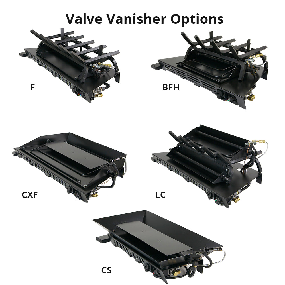Valve vanisher options showing F, BFH, CXF, LC, and CS burner platforms
