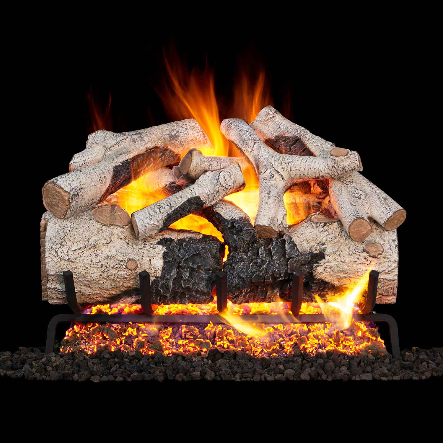Vented gas log set with burnt aspen logs and glowing flames