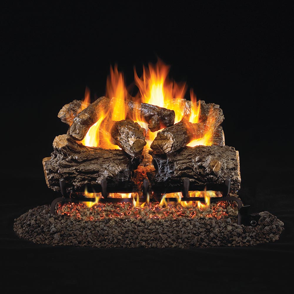Vented gas log set with glowing flames over rustic oak logs and lava rock