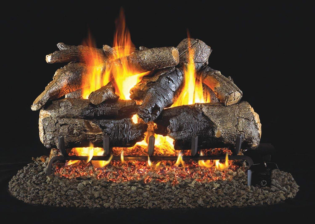 Charred American oak vented gas log set with visible flames and glowing embers