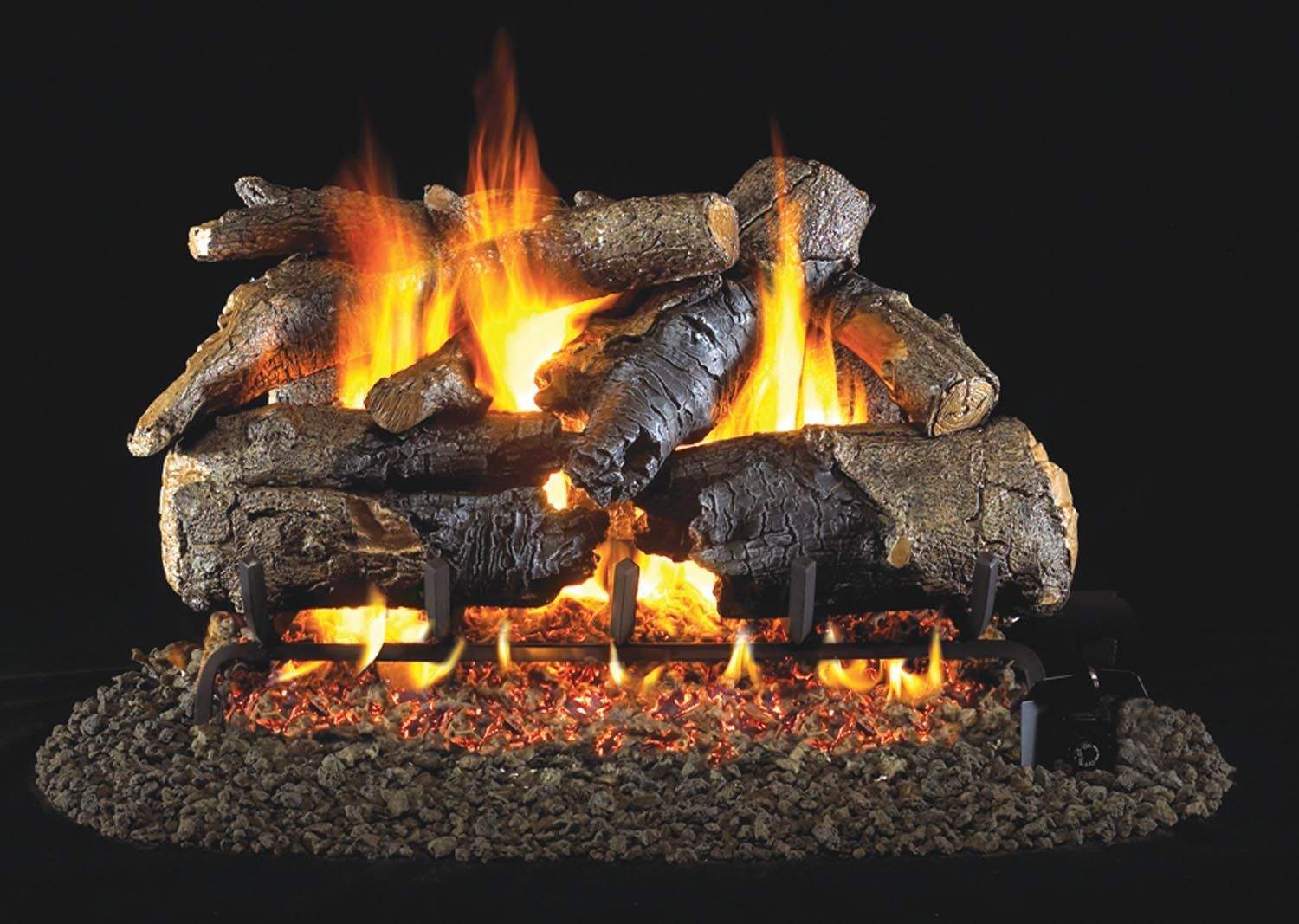 Charred American oak vented gas log set with visible flames and glowing embers