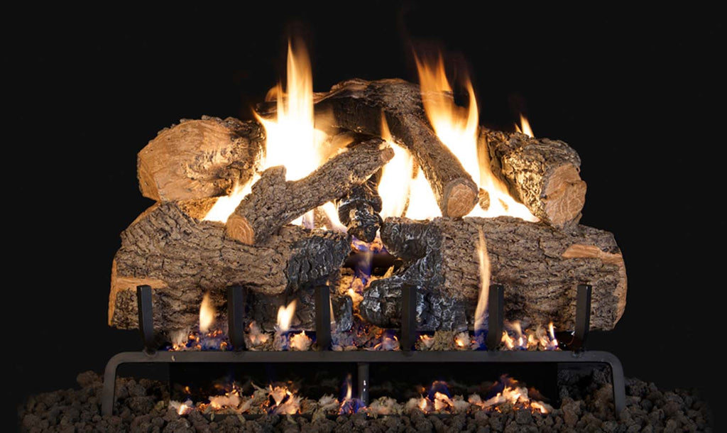 Vented gas log set with charred angel oak logs and flames in firebox