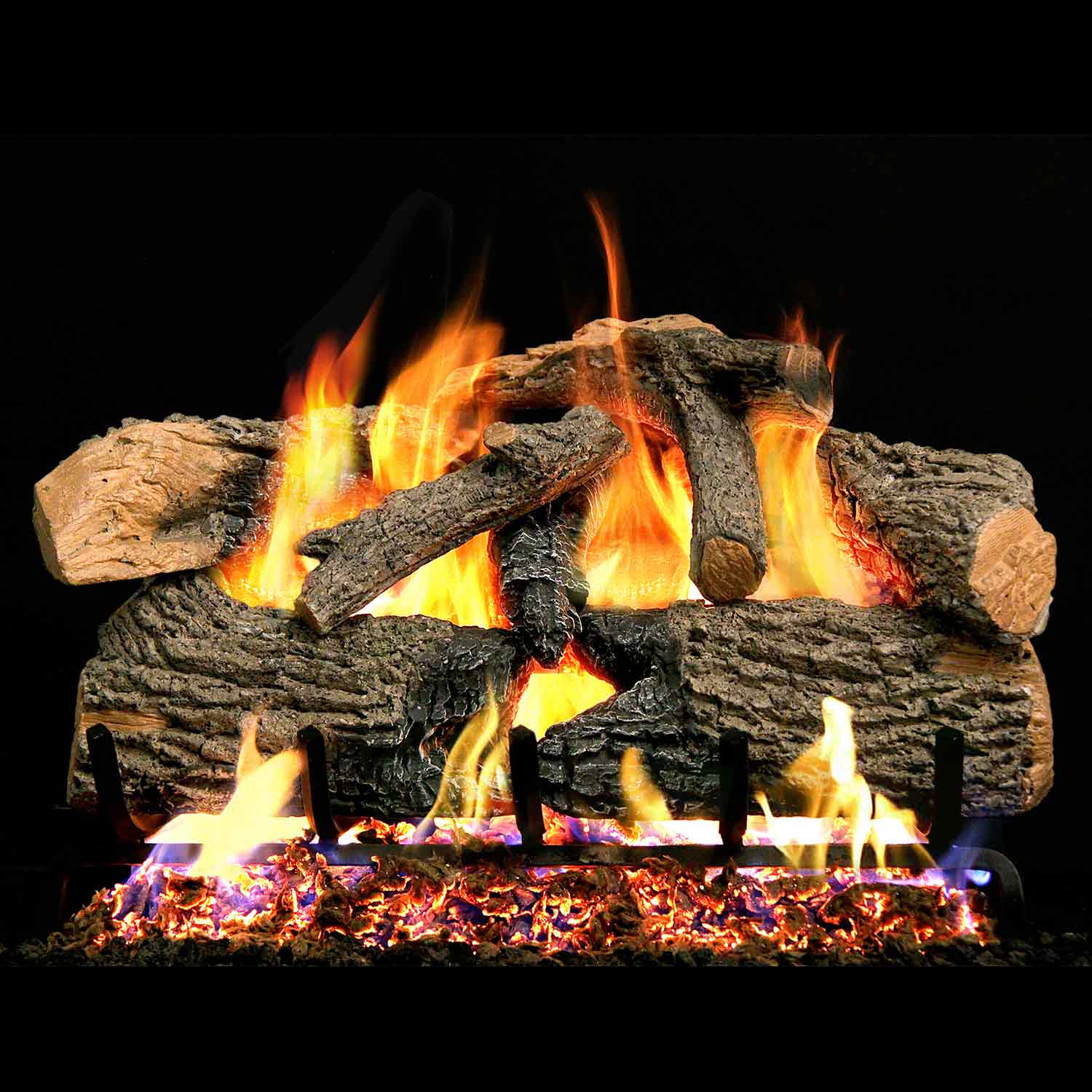 Charred oak gas logs with vented flames and glowing embers, logs only