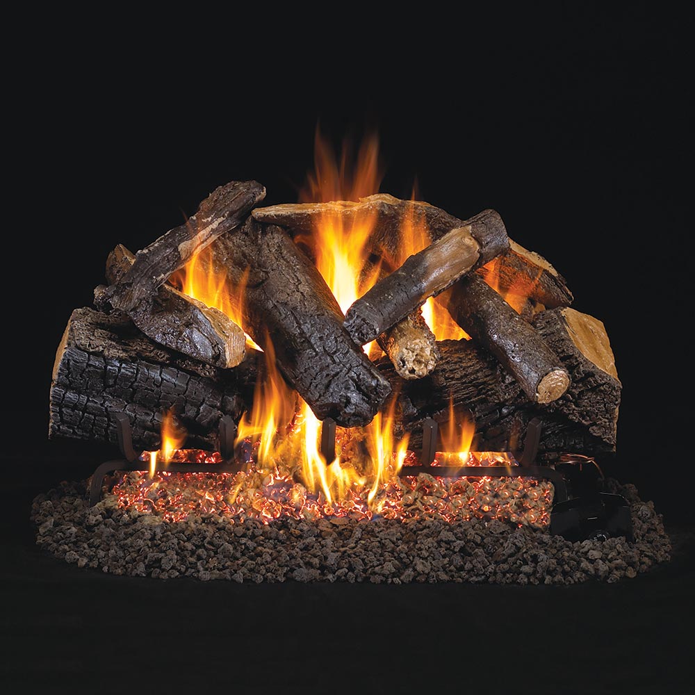 Charred oak gas log set with burning logs and glowing embers base