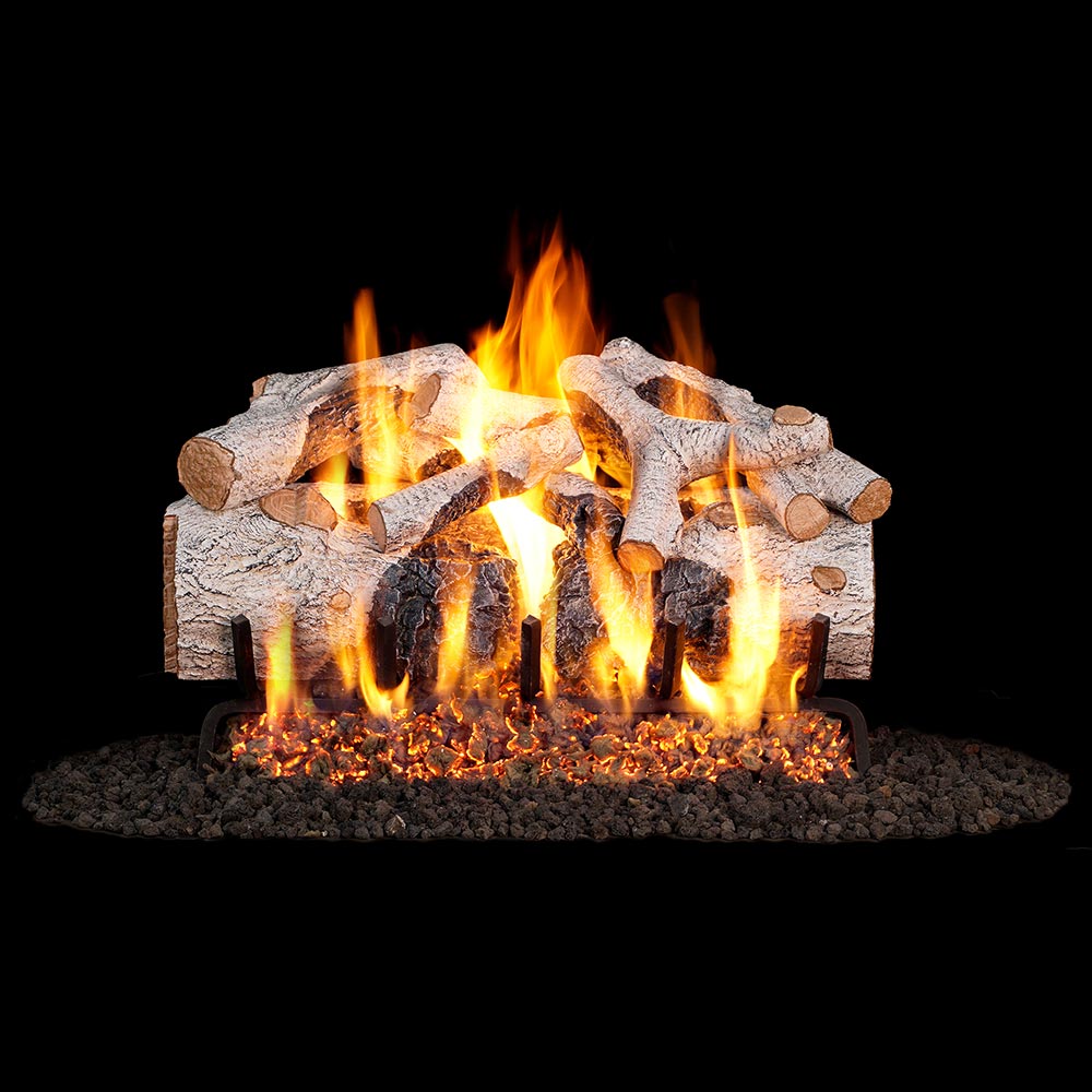 Charred birch vented gas logs with tall flames