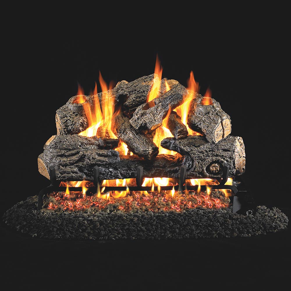 Charred gas fireplace logs with multiple flames and glowing embers beneath