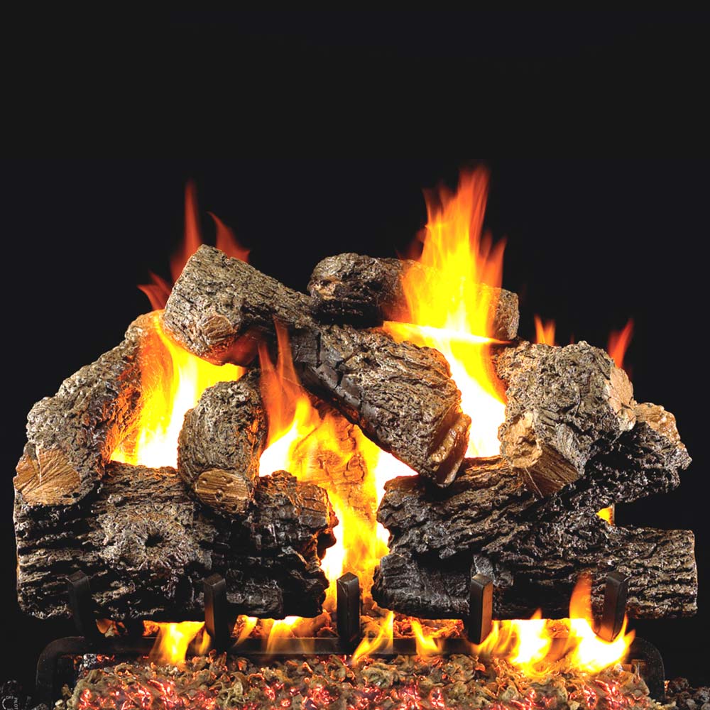 Real Fyre charred oak vented gas logs with visible flames