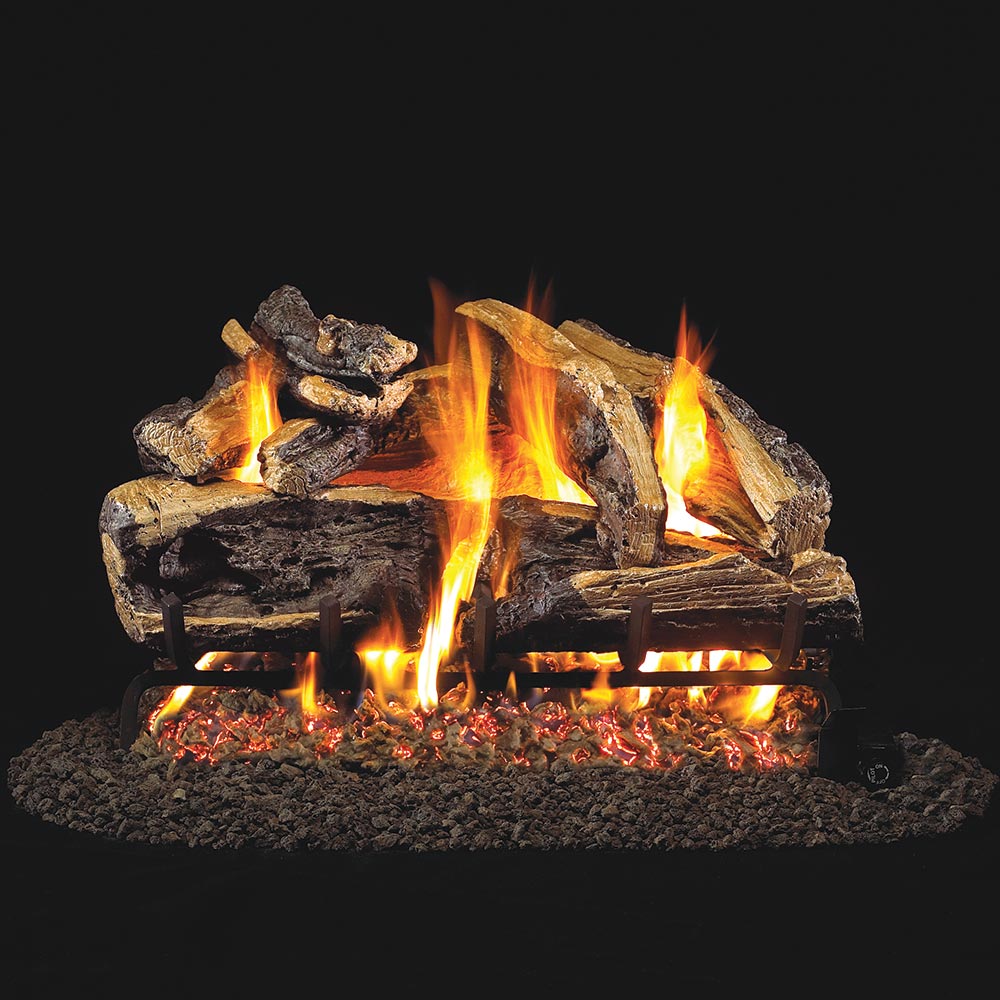 Charred split oak gas log set with visible flames and glowing embers