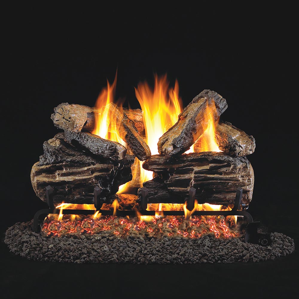 Charred split oak vented gas logs with glowing embers and flames