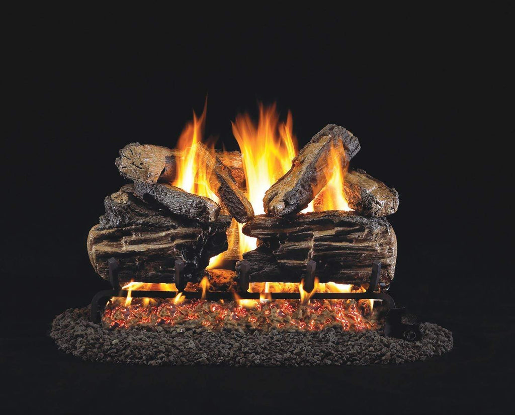 Charred split oak vented gas logs with tall flames and glowing embers