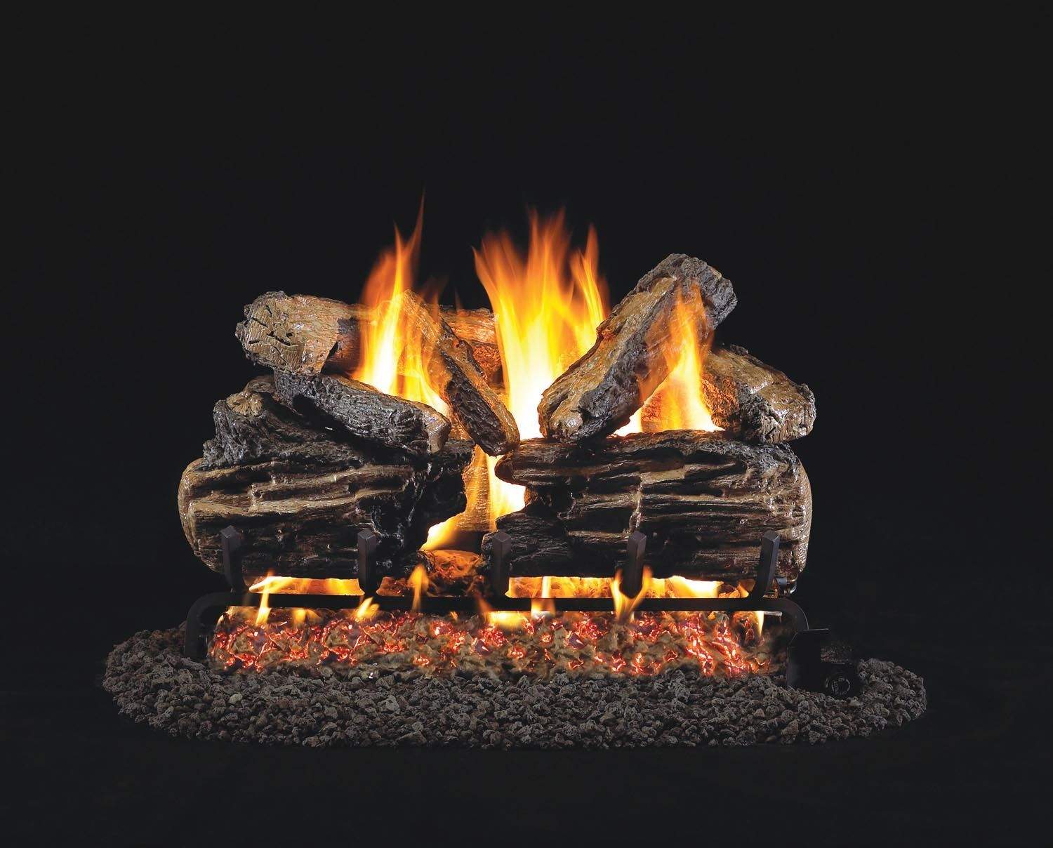 Charred split oak vented gas logs with tall flames and glowing embers