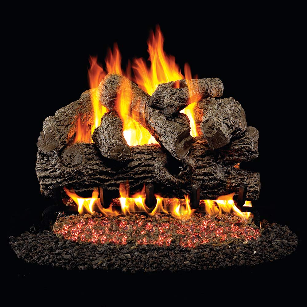 Vented gas log set with glowing flames on split dark logs and embers