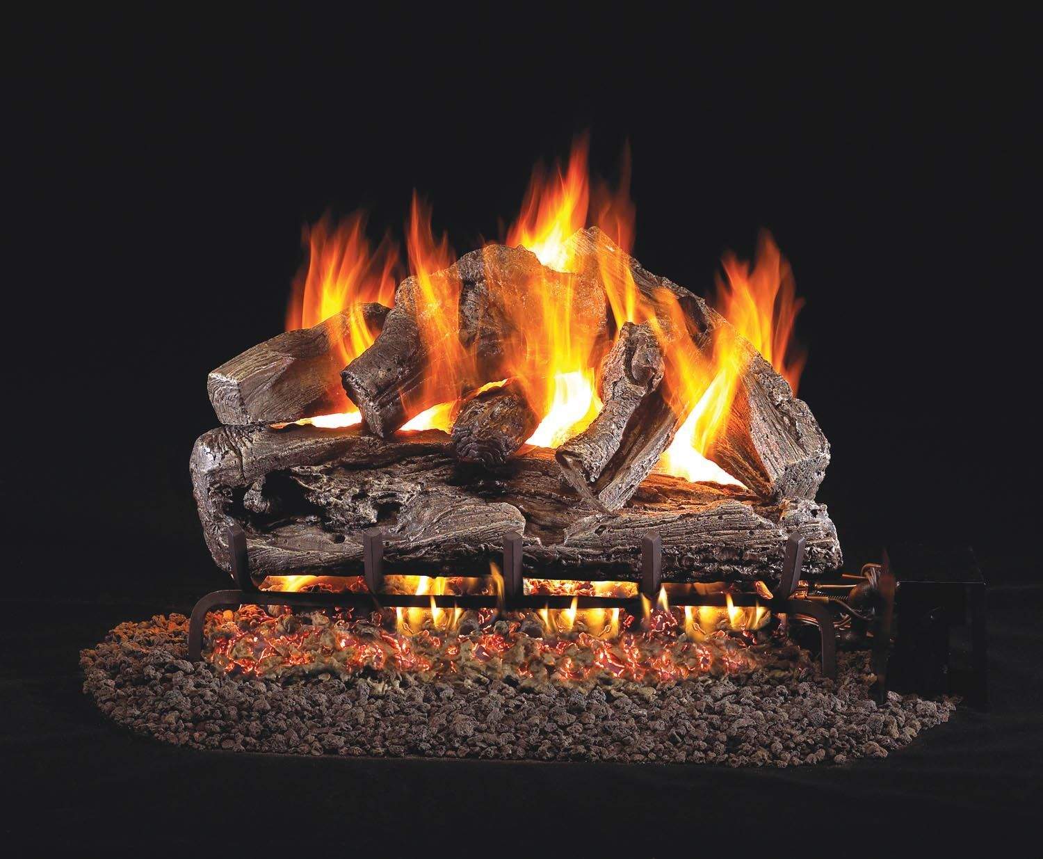 Vented gas log set with glowing flames over rugged oak-style logs and ember bed