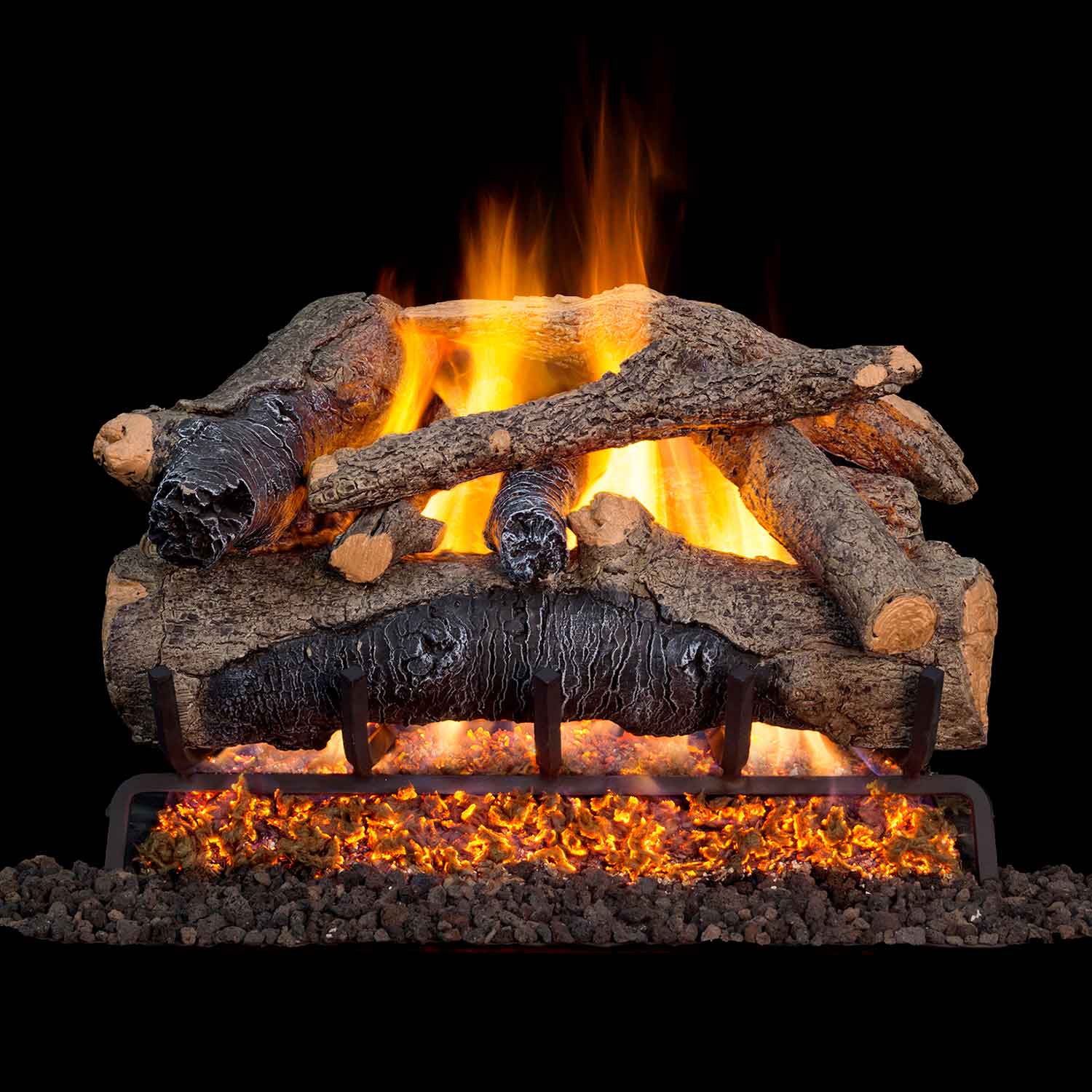 Vented gas log set with Colonial Oak-style logs, flames, and glowing embers