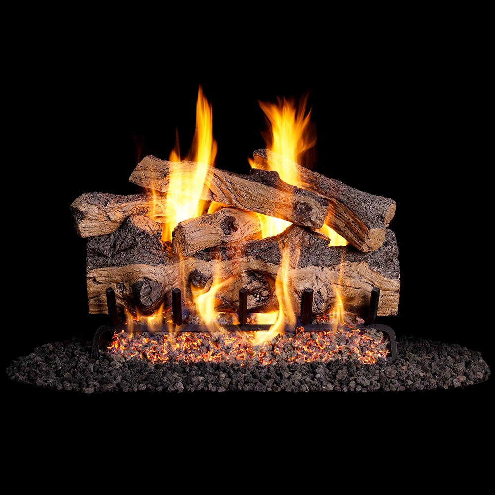 Vented gas log set with burning flames over stacked oak-style logs on dark ember bed