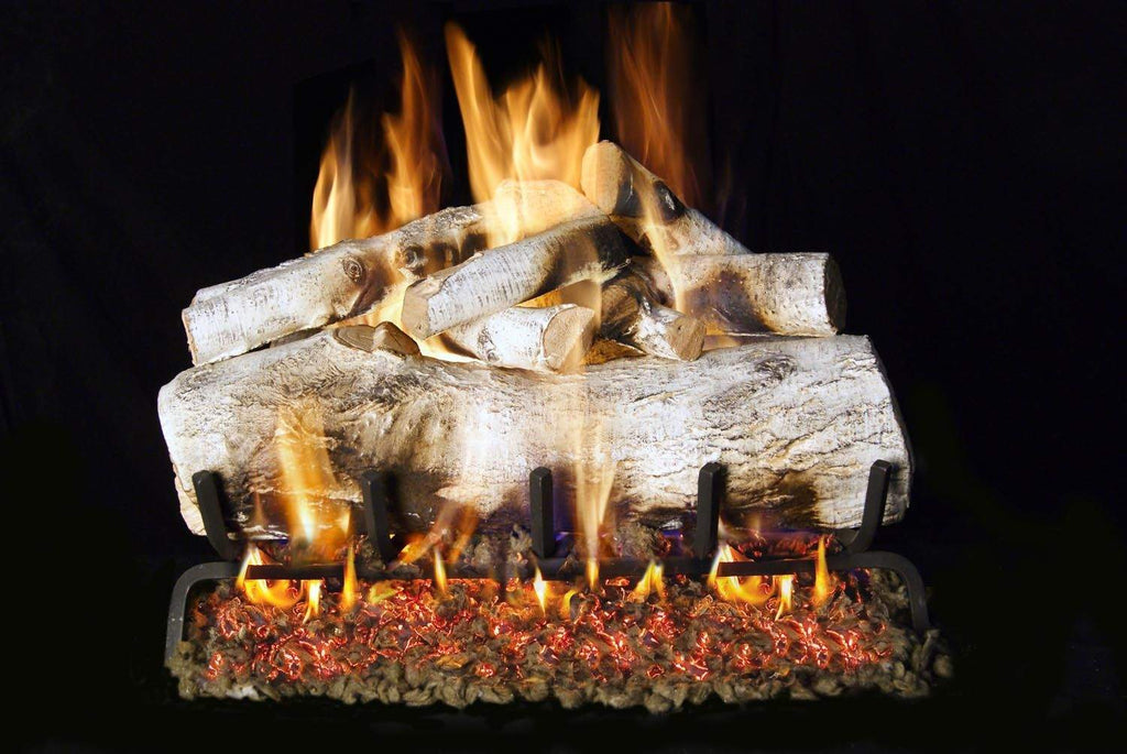 Vented gas log set with stacked birch-effect logs, glowing embers and open flames